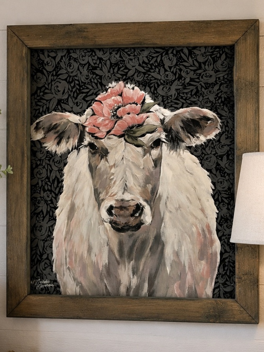 Michele Norman Cow Floral Crown Framed Wall Art Farmhouse Rustic 14x18